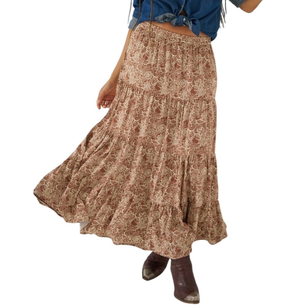 Wrangler Womens Tiered Maxi Skirt Brown Floral Paisley High Rise XS 112390279